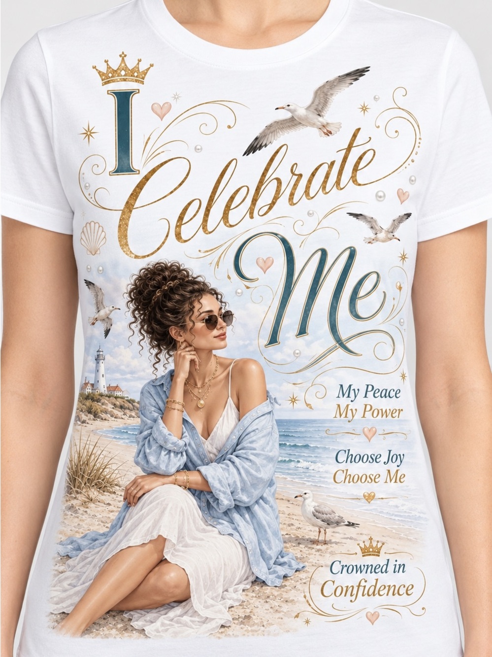 Gildan White 'I Celebrate Me' Graphic Tee with Gold and Teal Accents